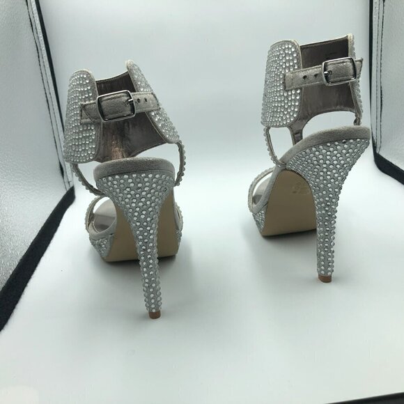 Steve Madden Glitsi Silver Crystal Platform T-Strap Heels Size 6 - Picture 4 of 6